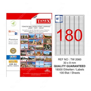  TANEX 2060 LASER ETİKET 30x9mm 180x100 18000 ADET